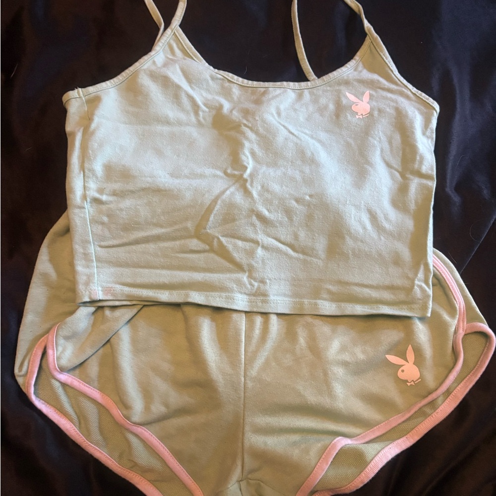 PLAYBOY Women's Mint Green Pajama Set with Pink Accents